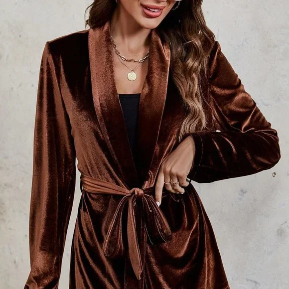 Brown Casual Womens Shawl Collar Belted Velvet Blazer - Picture 3 of 6